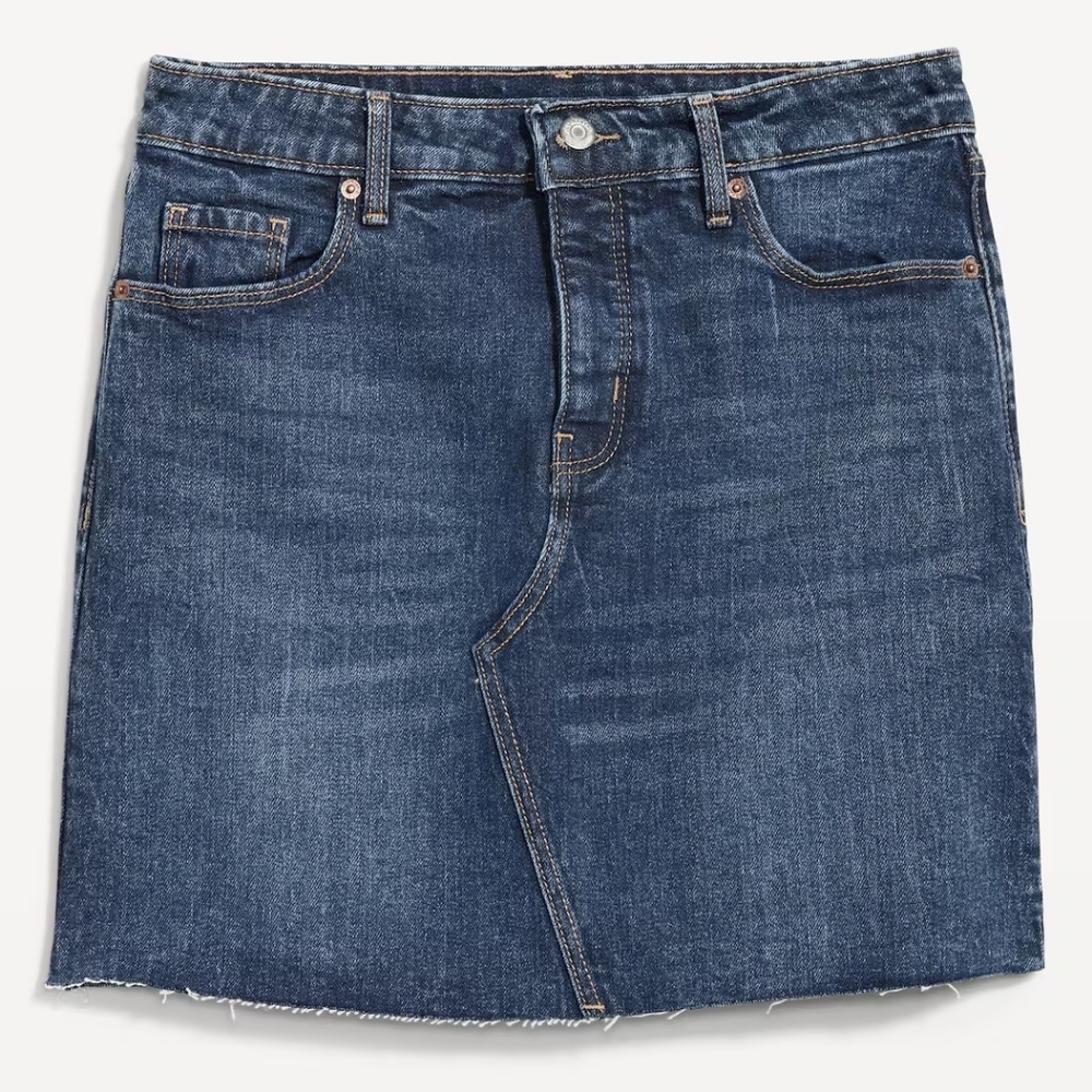 High-Rise Button-Fly OG Straight Mini Cut-Off Blue Jean Raw Hem Skirt Size 10